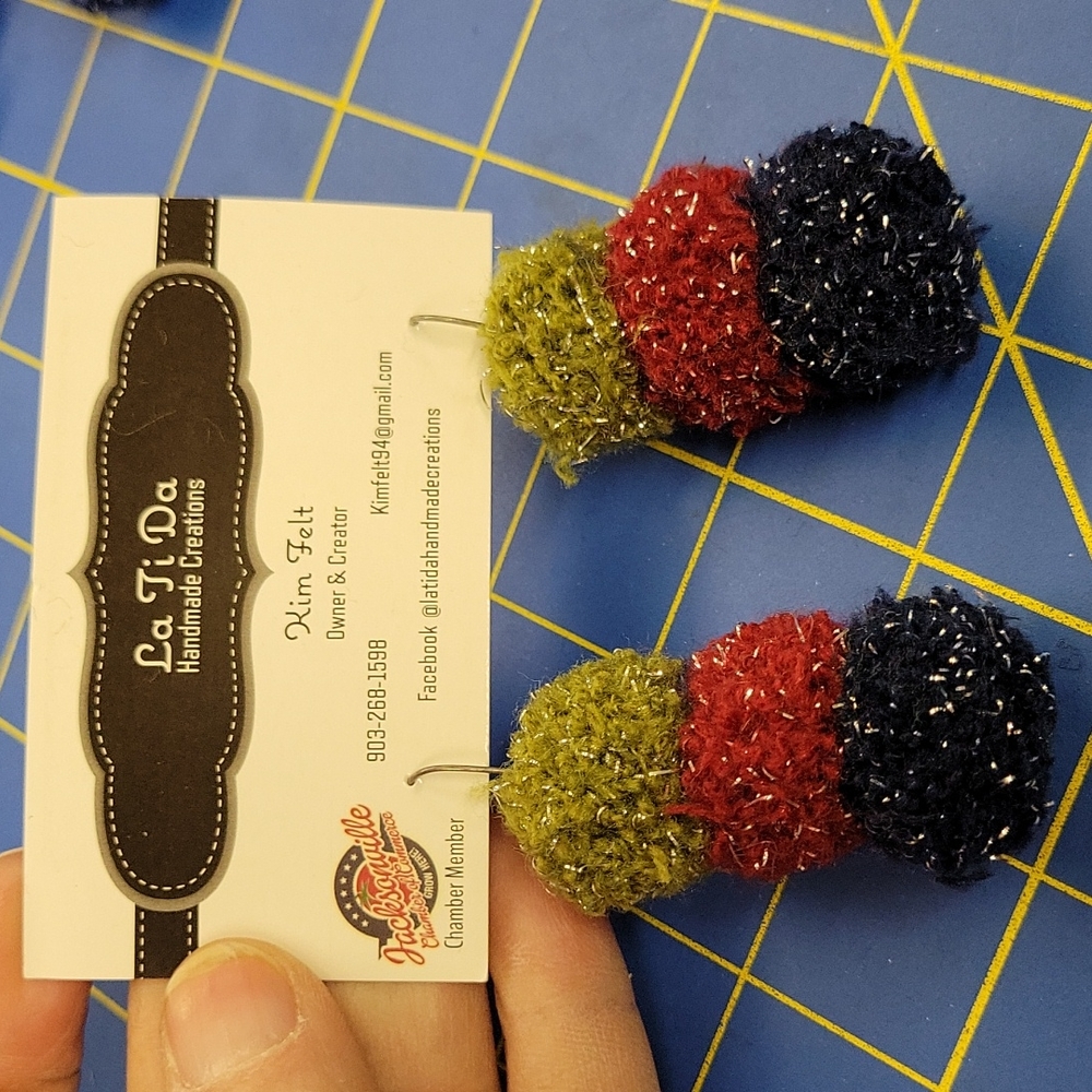 Fuzz Ball Earrings Red Green & Blue